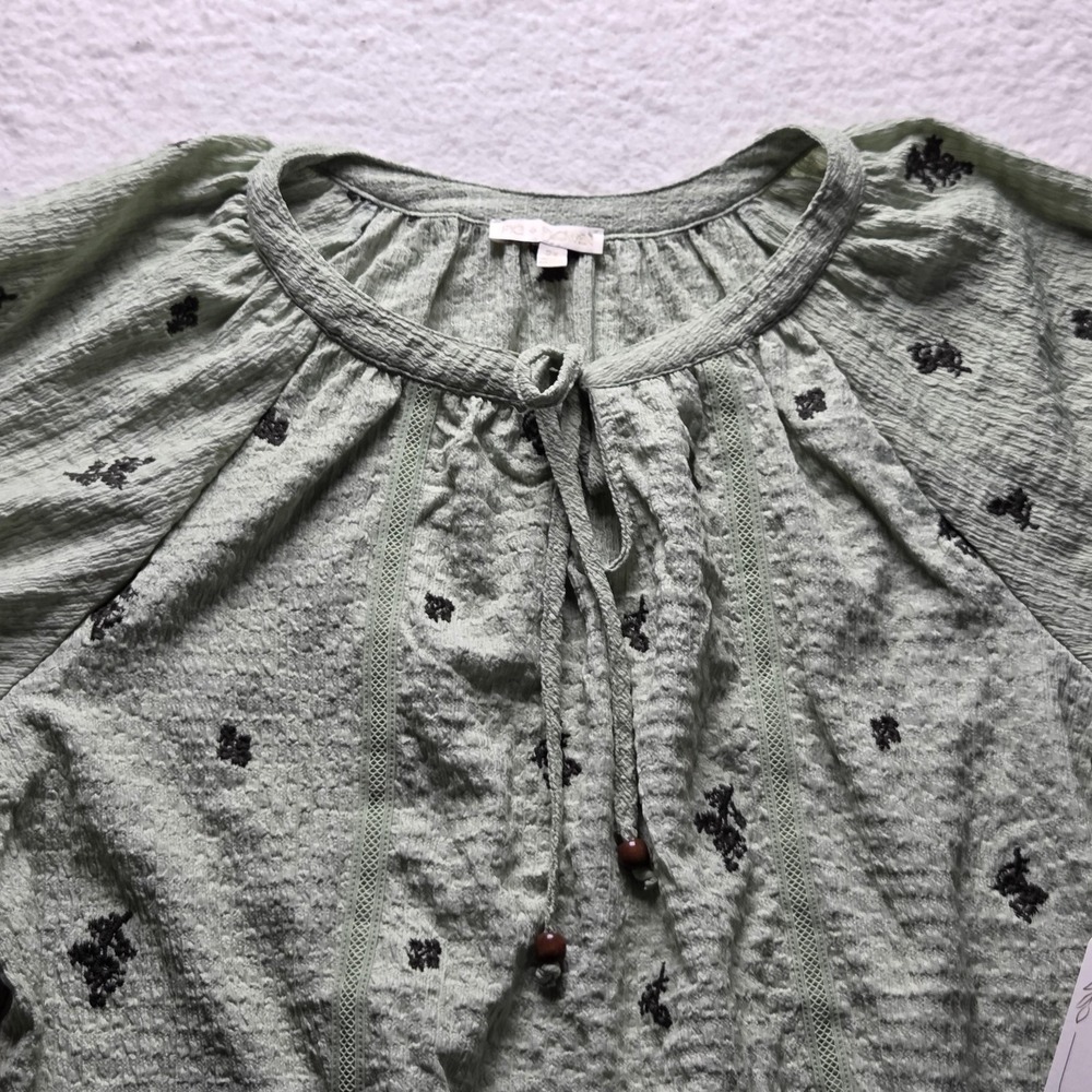 Fig + Flower Blouse Womens Plus 2X Green Scoop Neck Puff Sleeve Tunic Top